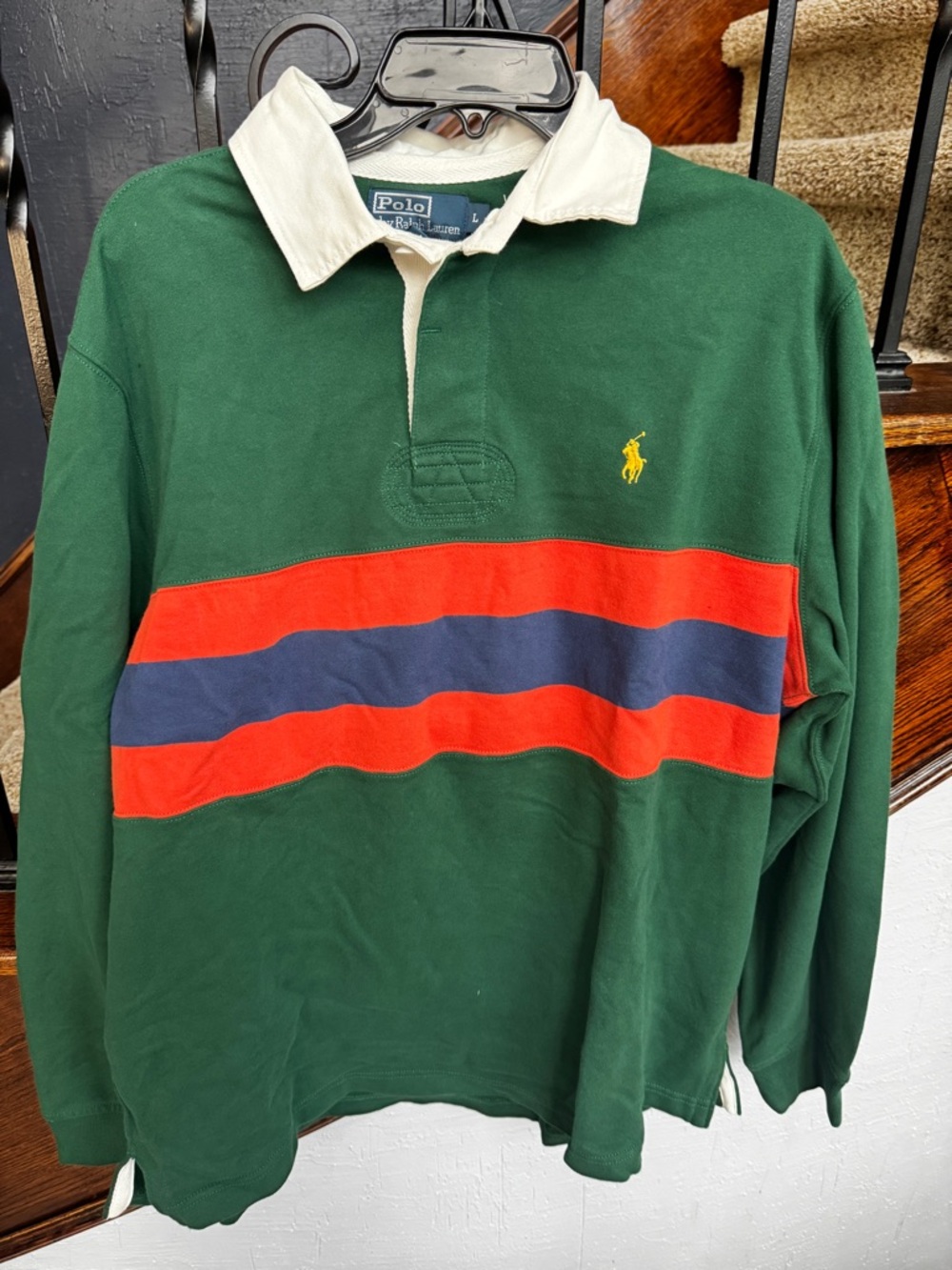 NEW Large Polo by Ralph Lauren Green Rugby with Red & Navy Stripes shirt - Picture 7 of 11
